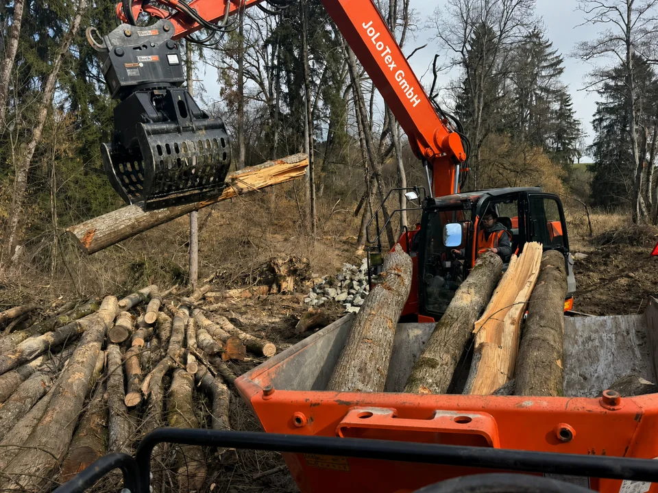 JoLoTex Baumfäll- und Rückschnittarbeiten: Holzgreifer verlädt Stämme auf Anhänger